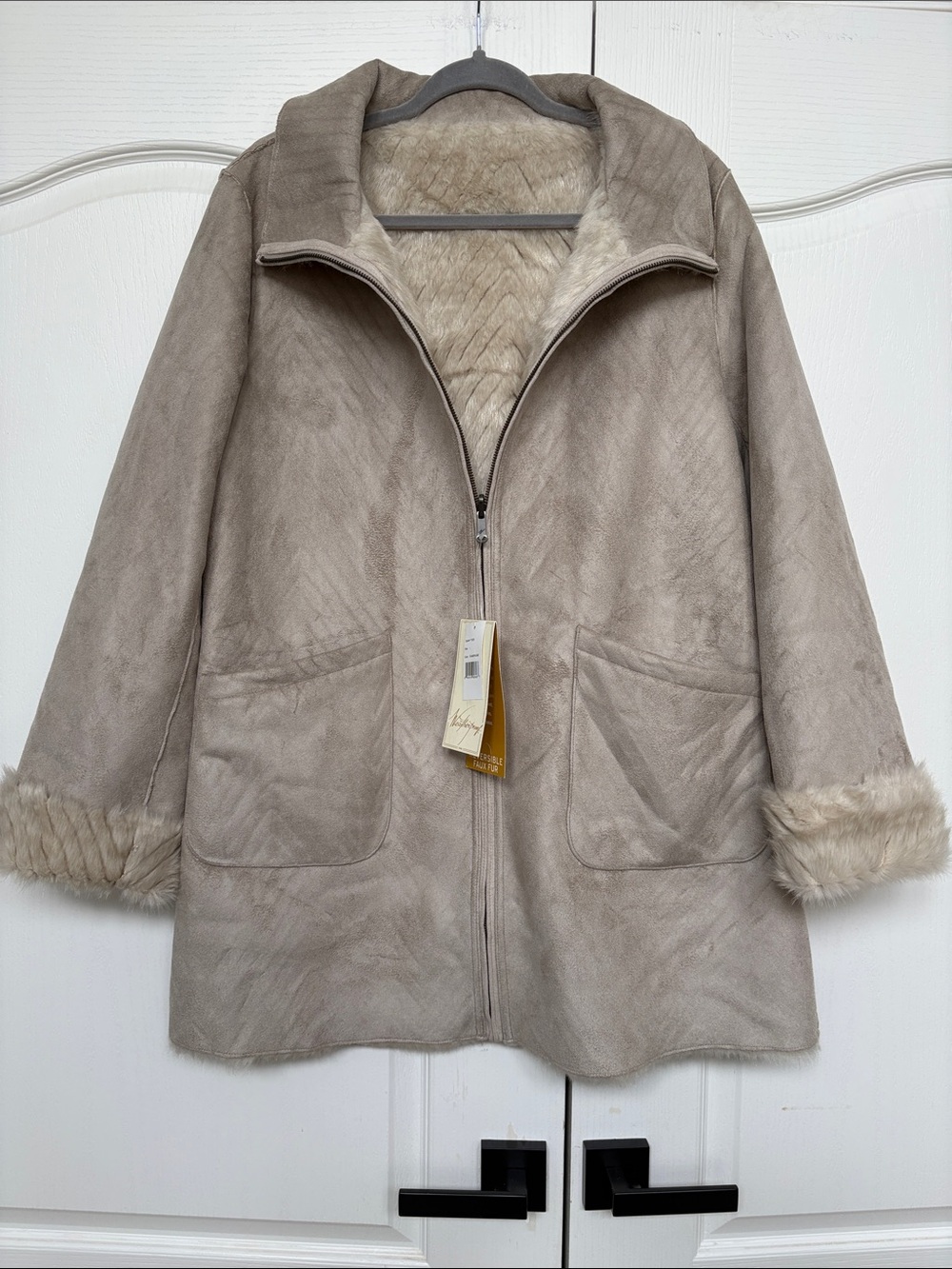 Weatherproof Taupe Faux-Suede Teddy Jacket with Faux-Fur Trim